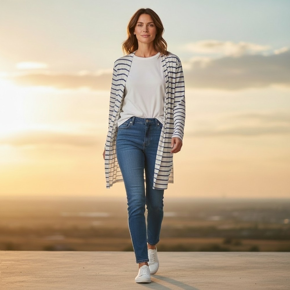 Chico's Women's L The Ultimate Tee White Navy Stripe Open Front Longlines Tunic‎